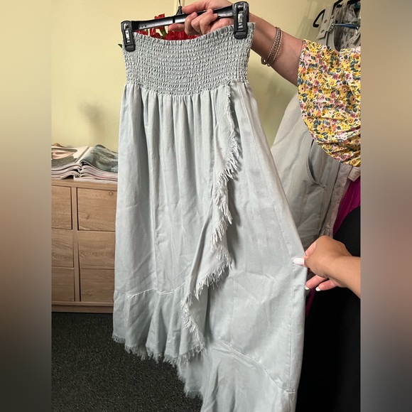Pastel Baby Blue High Waisted Stretch Midi Maxi Ruffle Frayed Hem Modest Skirt L - Picture 11 of 16